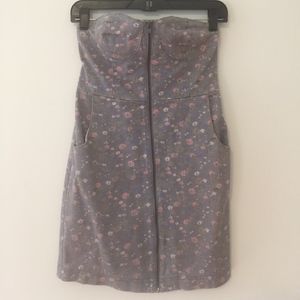 Floral Denim Strapless Zip-up Dress